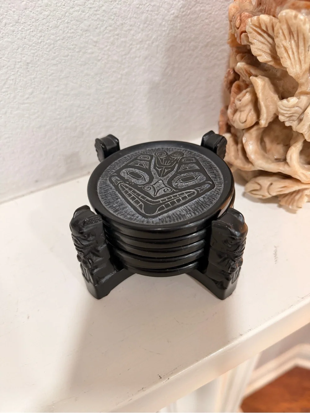 Tiki Coaster Set Black Tribal Carved Holder Drink Coasters Set Canada